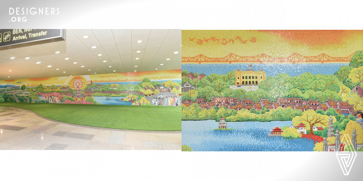 Each year Noi Bai International airport welcomes more than 18 million visitors. Lead designer Nguyen Thu Thuy accepted the challenge to create a ceramic mosaic mural that spans the history of this 1000 year old city, giving international travelers their first impression of Hanoi. The mural portrays Hanoi Past and Present featuring well-known architectural landmarks plus the natural beauty of the city. Created with over 250,000 mosaic tiles this expansive mural measure 26m wide and 3.4m high. 