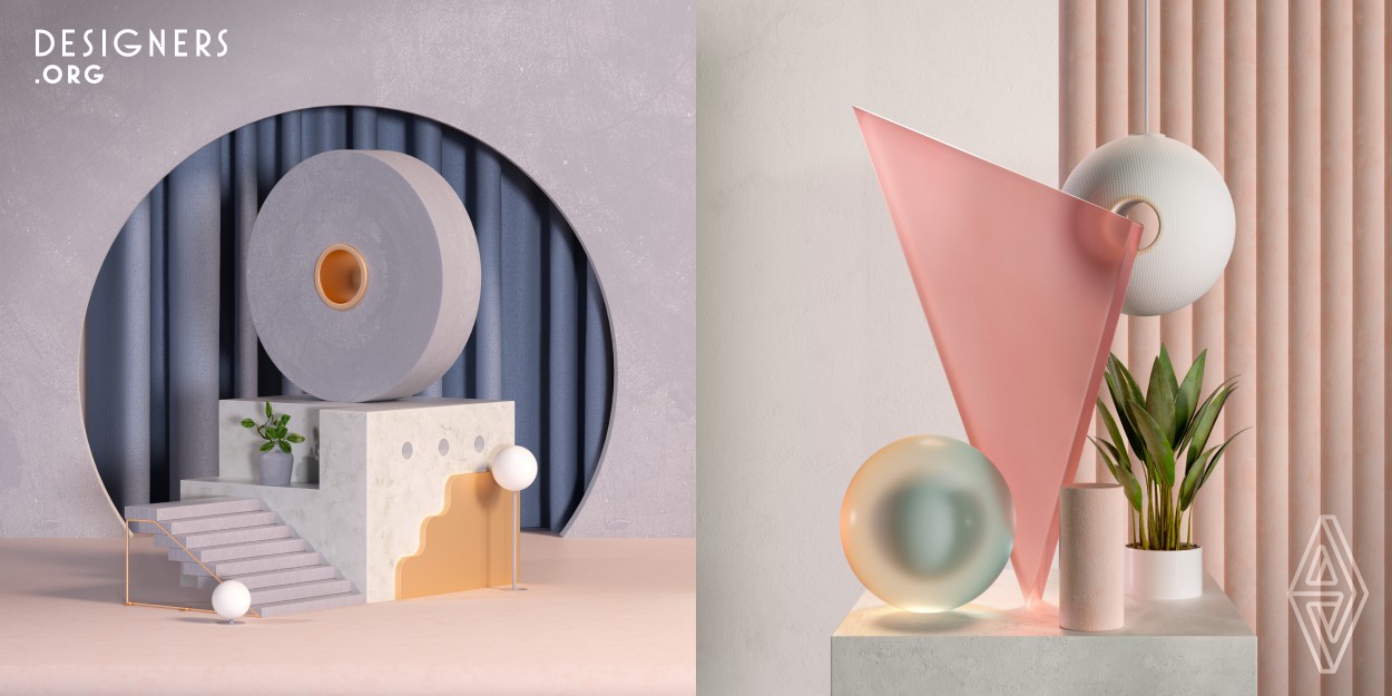 Abstract Compositions is a series of 3D illustrations where He explores different compositions using basic shapes, soft lights and pastel colors to create different balanced spaces. For this project the tools used are Cinema 4D for the creation of the different spaces, Octane for the rendering and Adobe Photoshop for adding the last details and retouching.