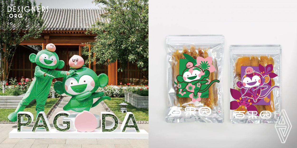 Pagoda is a fruit industry enterprise, as designer of their brand and mascot. 1983Asia developed main characters based on unique Chinese culture. The characters are respectful of natural life and the gifts provided by nature. For example, monkey and peach have close natural relationship in Chinese culture. The unique color use and mascot design in this project were generated from Chinese culture.