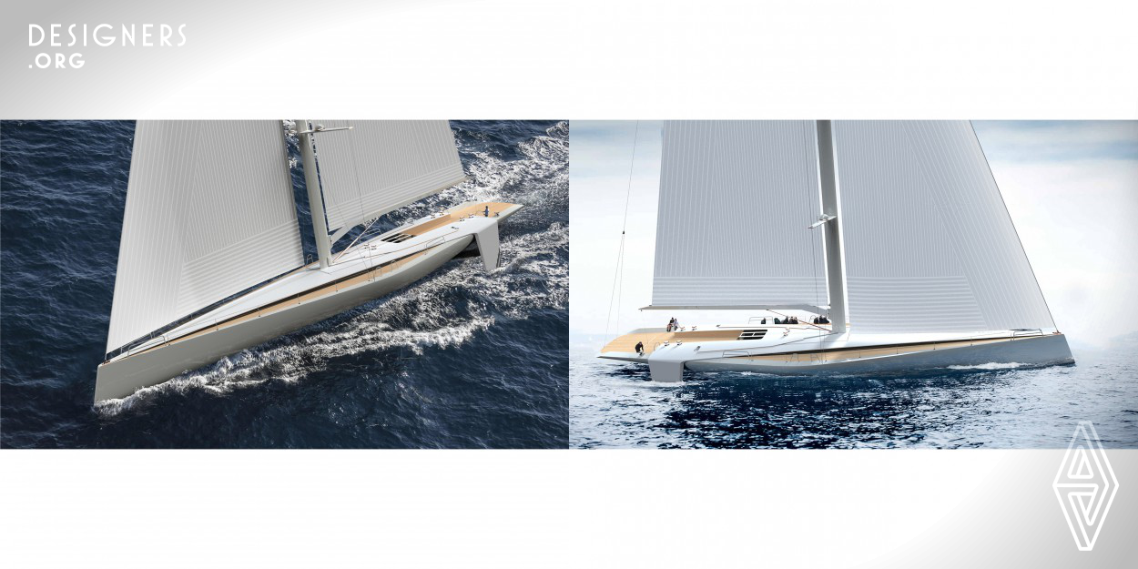 The design of this sailing yacht is defined by two volumes intersecting each other: the first volume is the overarching triangle covering the hull, meant to celebrate speed, the second is the hull itself, whose directional highlights radiate from its high stern to the flat bow.  The thin rear overhang emphasize the lightness of the design, floating high over the waterline.  The intersection of the two main volumes seamlessly creates the day light opening on the sides.  The rudders are seamless extensions of the triangular volume, visually dropping in the water like the wings of an albatross.