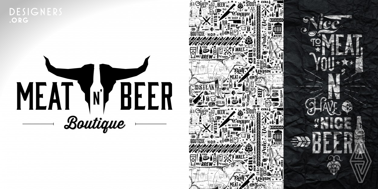 Meat n Beer is considered a flagship store selling specialty meats and beers. The inspiration for the logo came from the merging of their two flagship products. From traditional cattle heads with their pointed horns, transformed with an iconic design in a modern rustic wire frame vector, interacting with the other traditional element, the beer bottle. The union is in a positive and negative space, succinctly and elegantly into a single symbol where text and image form a single image. The typography plays and mixes an old style Industrial font with a more modern Script.