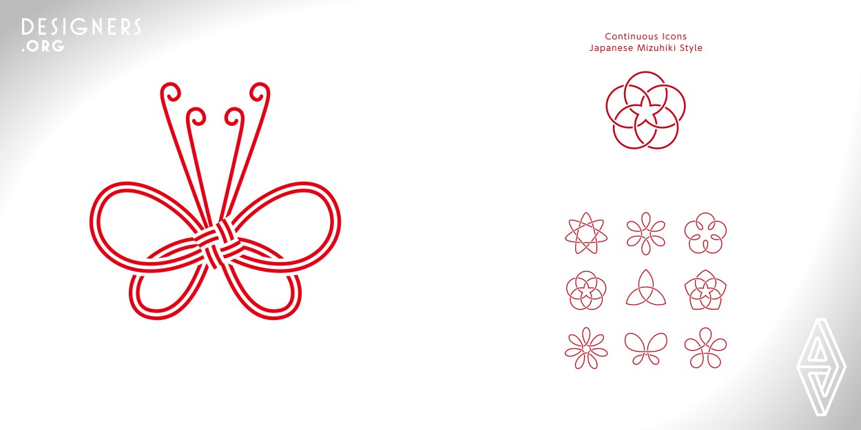 Continuous Line icons with Japanese style lucky motifs. Inspired by the traditional Japanese Ornament made of Decorative Japanese cord. This icon features a continuous design, like a single stroke. Designed complex shapes into flat and simple shapes. Decorative Japanese cord, Which is a string to decorate gifts and envelopes. Even if there is no real thing, this icon can convey the feeling of celebration.