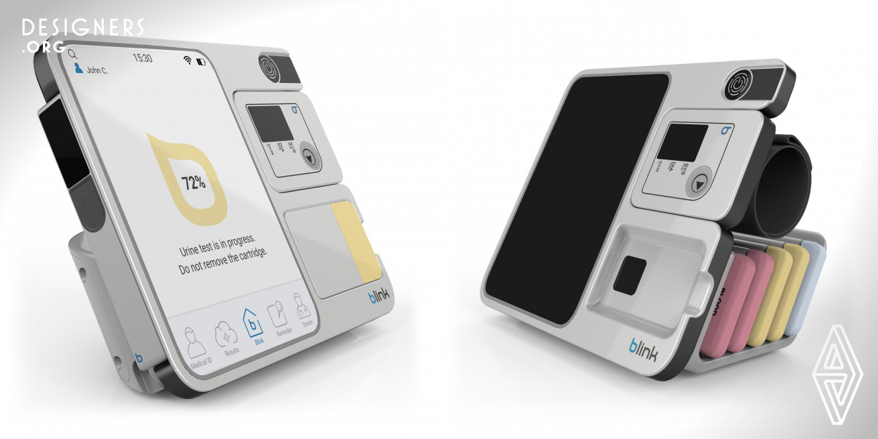 With an aging population in the Western world and the strain on health services, Blink as a compact smart device is used at home to measure vital signs and perform basic medical tests. It guides the user to take their own blood pressure and body temperature and can also be used to perform blood, urine and saliva tests. The collected data is reported to a physician and enables feedback thereby empowering users to self-monitor, and encouraging a more proactive attitude towards their own health. The ambition for Blink will improve the quality of healthcare by saving time, money and energy.