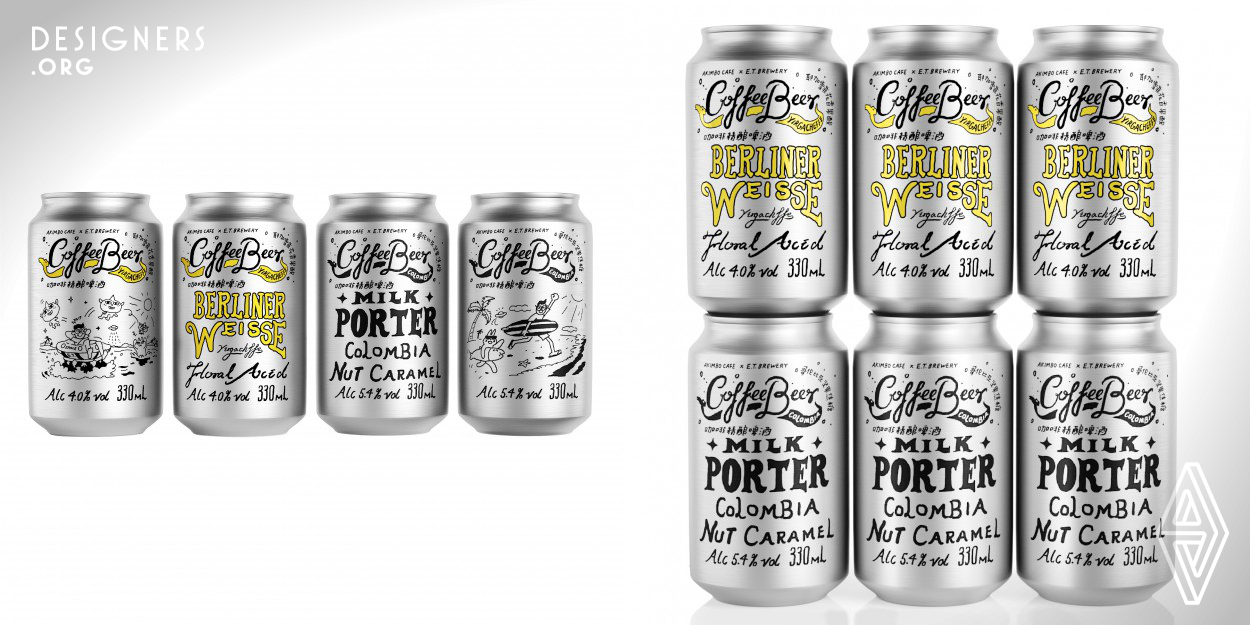 The packaging design of co-branded craft coffee beer uses a vintage hand-painted illustration style to create a relaxed and refreshing image. The image of the design uses a lively style of Akimbo coffee and combines with the specific design style of E.T.Brewery so that both brand fans could recognize the design. Since the product was launched in the summer, the illustration of the design depicts an image of a visit to the seaside in summer. The design of the product tries to attract young people.