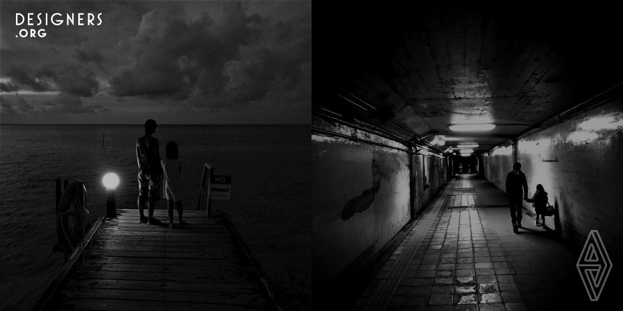 Dramatic photography has been taken by the minimum light that is everywhere every day. Next, it was changed the color to black and white by using the software with the computer. And it was changed the exposure to stir people's image. Lastly, it was trimmed from the rectangle to the square to eliminate waste and to constitute the balance of the light and people.