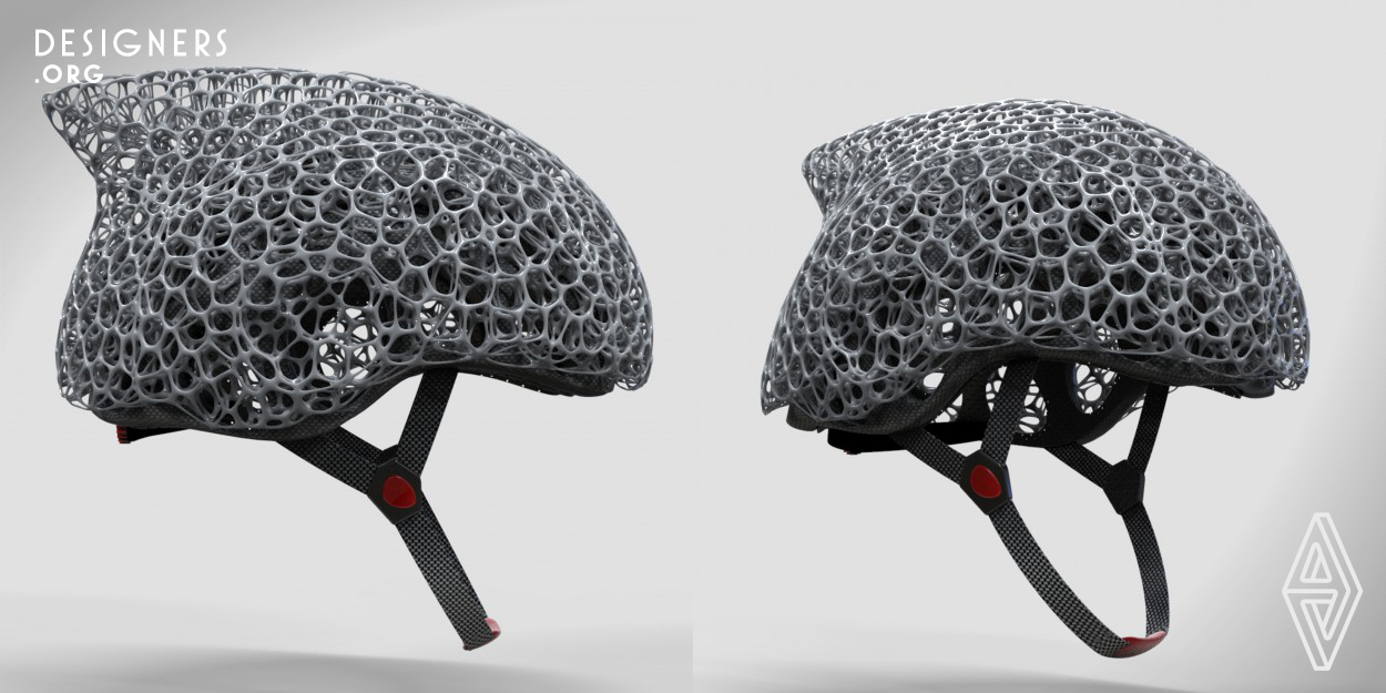 The helmet is inspired by 3D Voronoi structure which is widely distributed in Nature. With a combination of parametric technique and bionics, the bicycle helmet has an improving external mechanical system. It's different from traditional flake protection structure in its unabridged bionic 3D mechanical system. When hit by an external force, this structure shows better stability. At the balance of lightness and safety, the helmet aims to provide people with more comfortable, more fashionable, and safer personal protection bicycle helmet. 