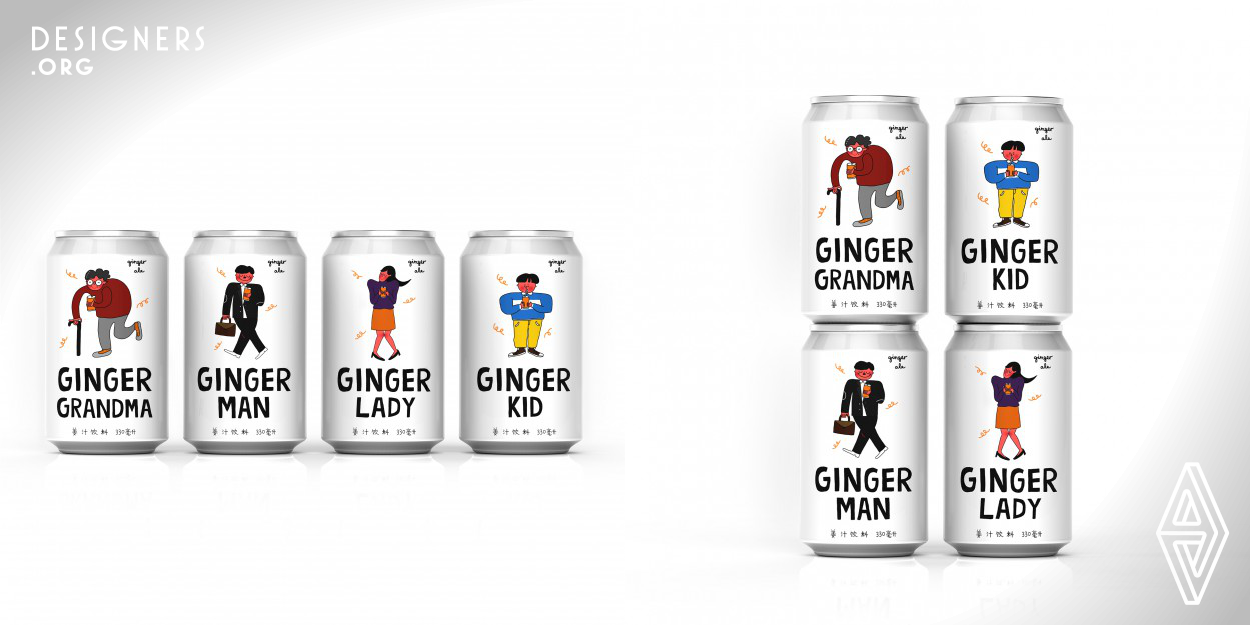 The designer used illustration to creates four characters represent men, women, elderly men, and children. In the design, each of the characters has their own status in daily life. The characters are holding a beverage can in their hand on the design. The facial expressions of the characters reveal their favorability for the drinks. The designer intends to use illustration design to produce a psychological interaction with the customer directly. The designer tries to encourage people could willing to taste the ginger drink.