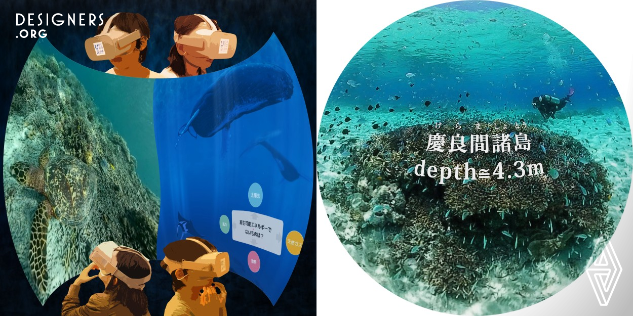 This is an immersive edutainment. The first part, "Movie Side," explains marine environmental issues. Children can learn while being impressed by the images on the dome screen or HMD. Next, children challenge the second part, the "game side". Kids will review their knowledge using four optional quizzes while enjoying an underwater experience and hunting for creatures. At this time, kids want to improve the score, so they want to watch the first part many times. Also, the production of VR takes great care to ensure that children with growing vision can enjoy it safely.