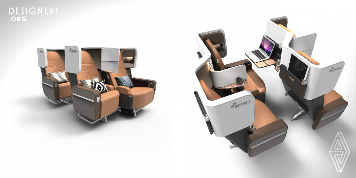 Butterfly is a flexible aircraft seating system that allows instant transformation between premium economy and business class flatbed suites. It is designed to enable operators to adjust their cabin configuration to real-time market changes, allowing them to make efficient use of valuable floor-space, increase aircraft utilization and reduce business risk. It also gives passengers new ways to configure their own space, whether it is a cosy private retreat or a family-friendly social space.
