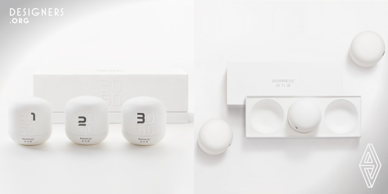 The concept of restoring skin in new skincare products coincides with the zero burden of bagasse recycling, environmental protection, and ecological concept. From the product features of the 60-day food-grade limited shelf life of the 30-day skin improvement treatment process, 30 and 60 are selected as the visual recognition symbol of the product, and the three stages of use, 1,2,3 are integrated into the vision.