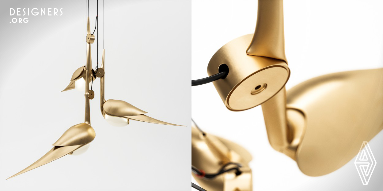 The Lory Duck is designed as a suspension system assembled from modules made of brass and epoxy glass, each resembling a duck sliding effortlessly through cool waters. The modules also offer configurability; with a touch, each can be adjusted to face any direction and hang at any height. The basic shape of the lamp was born relatively quickly. However, it needed months of research and development with countless prototypes to create its perfect balance and the best look from all possible angles. 