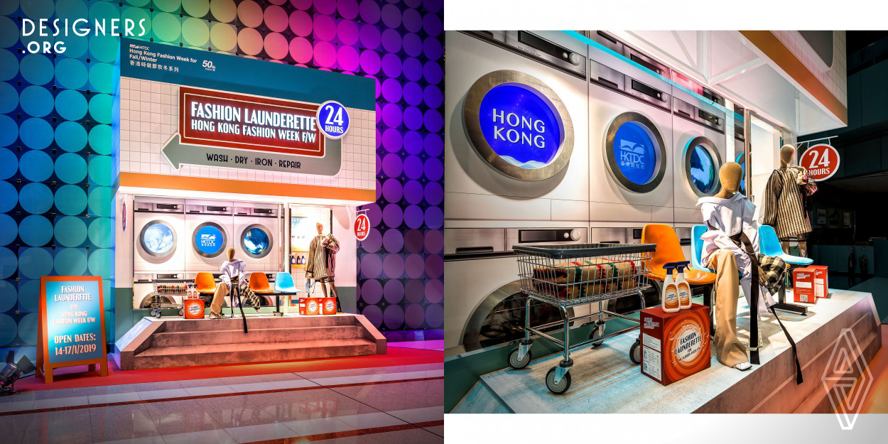 An image uplift for the 2019 Hong Kong Fashion Week was required by the event organiser to stimulate the visitors’ attention and to subconsciously show the latest seasonal trend colours.  From this a fun thematic approach was developed, inspired by 1980’s laundromat interiors genre under the name Fashion Launderette.  The theme would start with a welcome installation, then an entrance treatment for the main hall.  Followed by a multi-functional space for seminars and cocktail receptions etc. located inside the hall for fashion shows.