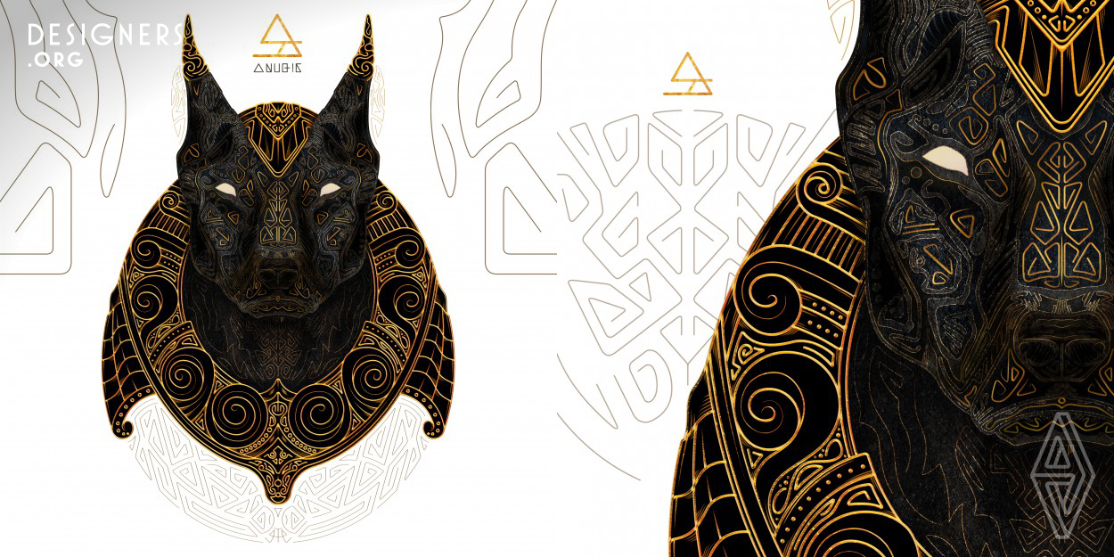 'Anubis The Judge'; through an analysis of the design, it is obvious the designer focused on the primary features of Anubis as an iconic symbol of an ancient and prominent era. He added a title 'The Judge' possibly to portray more of the power or strength the character in his design holds. Clearly, the designer added depth and detailed attention to the geometrical symbols he used across the design. He included a shocker wrapped around the character’s neck, which was also heavy on texture. 