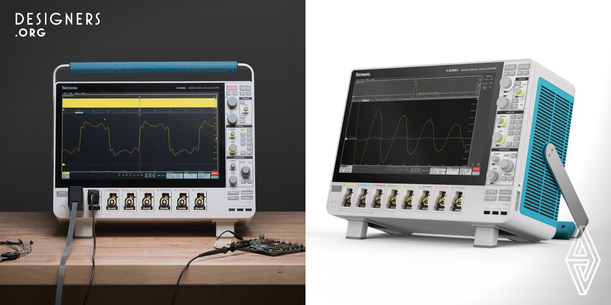 The first oscilloscope designed for touch from the ground up, the Tektronix 5 Series Mixed Signal Oscilloscope (MSO) features multiple patent-pending design elements offering a revolutionary experience with unparalleled digital visibility. An enhanced user interface provides intuitive touch input, visual and statistical feedback, and improved contextual problem-solving. With a 15.6-inch HD display, 5 Series MSO allows most functions to be performed on screen, minimizing knobs and buttons. 