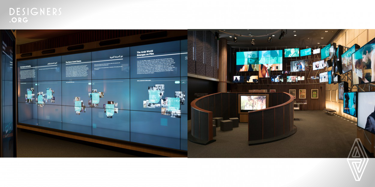 In this multimedia exhibit for the Northwestern University Campus in Doha, Qatar, we utilized cascading digital screens and armature of giant display walls with interactive touchscreens to showcase the history and the significance of Arab films from the 1920's through to present day. The project aims to not only show the evolution of Arab films, but also to explore the Arab identity and how Arabs have been portrayed and stereotyped in movies made in all over the world.