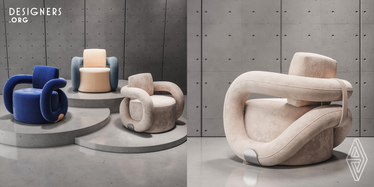 The main emphasis of the Infinity armchair design is made precisely on the backrest. It is the reference of the infinity symbol - an inverted figure of eight. It is as if it changes its shape when turning, setting the dynamics of the lines and recreating the infinity sign in several planes. The backrest is pulled together by several elastic bands that form an external loop, which also returns to the symbolism of the infinite cyclic of life and balance. An additional emphasis is placed on unique legs-skids that securely fix and support the side parts of the armchair just like clamps do.
