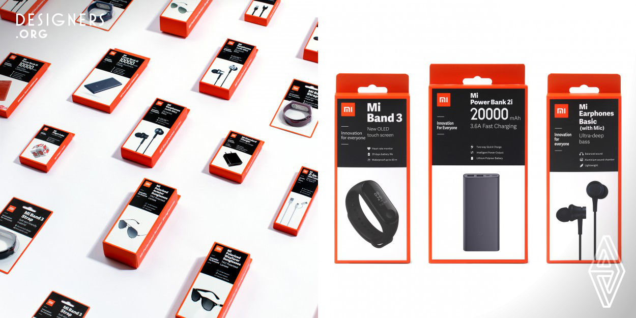 Xiaomi India's packaging line has a new visual system. The new design wishes to strengthen brand recognition, as well as emphasizes the technological edge of Xiaomi products. The packaging has a carefully designed layout to communicate branding identity. Typographic, color and icon design also ensures that the Xiaomi style remains uniform across products from a wide variety of categories and dimensions. The front design builds a clear structure to display product information. After all, packaging becomes a visual memory and stand apart from market competitors.