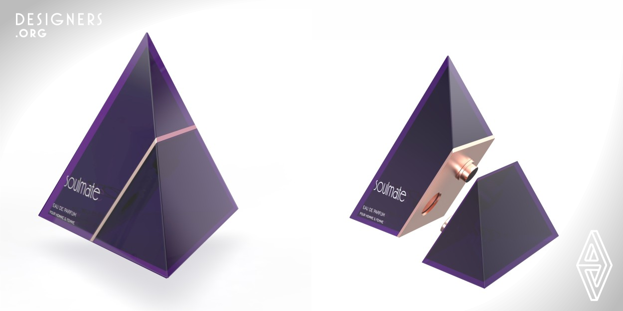 The pyramid shaped primary packaging of the soulmate perfume has designed to create fragrances that encompass masculine and feminine notes in order to appeal to the couple. Perfume packaging can contain two types of fragrances, allowing the couple user to be different during day and at night. The bottle split into two parts by dividing it diagonally, each holding different scent for individual dispenser and perfume two block fit together like soulmate feel together intact .