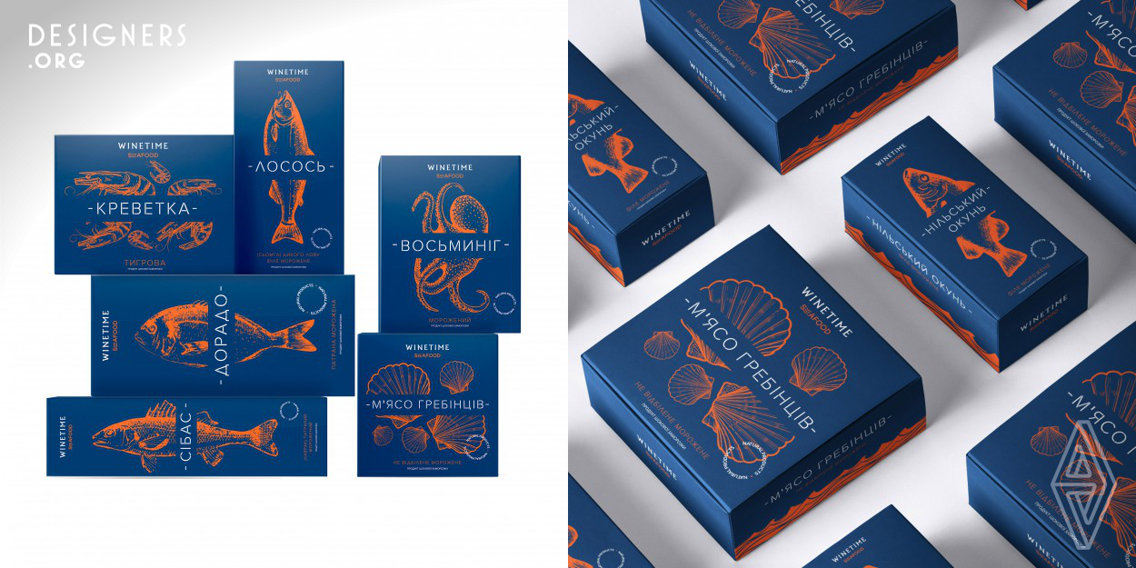 The packaging design for the Winetime Seafood series should demonstrate the freshness and reliability of the product, should differ it favorably from competitors, be harmonious and understandable. The colors used (blue, white and orange) create a contrast, emphasize important elements and reflect brand positioning. The single unique concept developed distinguishes the series from other manufacturers. The strategy of visual information made it possible to identify the product variety of the series, and the usage of illustrations instead of photos made the packaging more interesting.