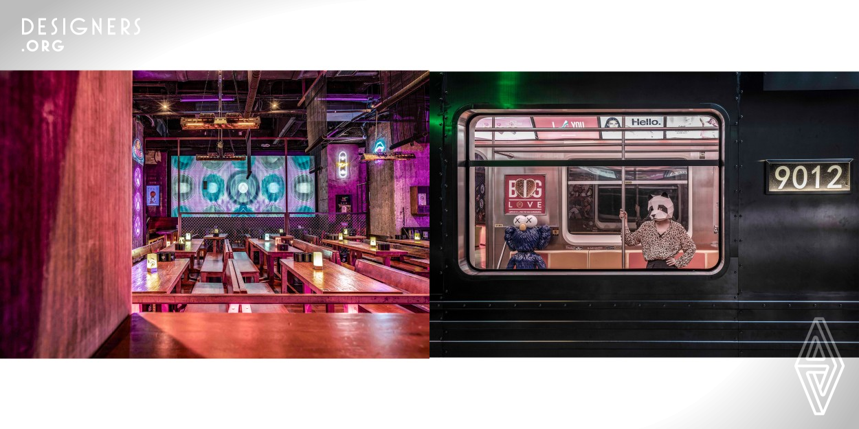 This is a bar in downtown Shanghai, targeting young people under 25 years of age. Their way of thinking is interesting, so they cancel the traditional entrance design and make an artistic device for the subway carriage. They hope that everyone who enters can take a subway which returns to their own nature and make it connected and isolated with the outside world through the departure of a subway carriage. 