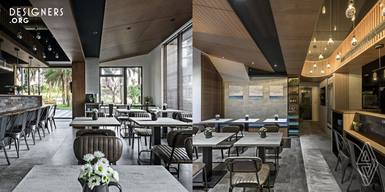 This project is a restaurant designed with a focus of the illusion of the vaulted ceiling, which is broken up into multiple sections by the visually jarring nature of the large beam in the center. The division of the levels creates an aesthetic layered look by alternating between varying heights, and enhances the architecture by balancing the ratio of vertical and horizontal lines in the layout. A scenic view is retained both inside and outside the facade of the store front which furnished with plants of varying heights and chairs. Double-layered transparent facfacade promotes energy-saving.