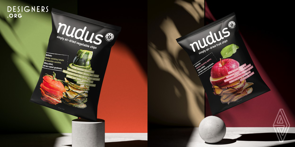 The packaging for start-up company shows off these healthy fruit and vegetable chips bare-naked goodness philosophy and playful humor. Their point of difference is that they are made from fruit and vegetable slices, air-dried, with nothing added whatsoever – hence the 'bare-naked' concept. Although black is a bold and unconventional choice for the healthy snack market, the agency chose this to show the product's vibrancy and give it extra shelf shout. The photography captures the product before and after air-drying illustrating the fruit is as good as nature intended.