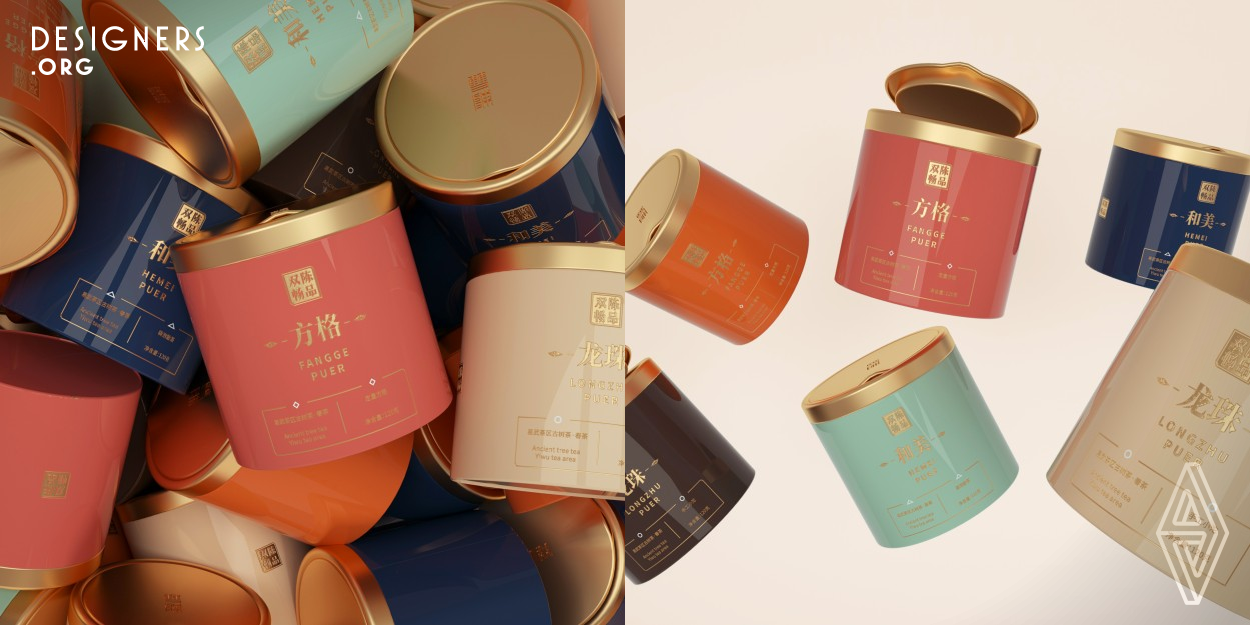 This is a packaging project for tea. Through rich color matching, they create a variety of brand personality and growth space, pay attention to color matching system and saturation, etc., to create a high-end atmosphere and fashion characteristics. On the packaging, they used three shapes of round, prismatic and triangular, which correspond to small round tea, small square tea and loose tea. Different color cans represent different states of tea maturity. It allows consumers to quickly identify products in different can bodies and enrich their visual impact. 