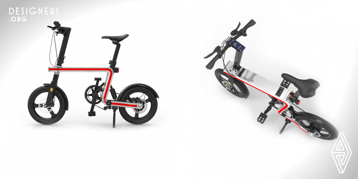 The OZOa electric bike features a frame with a distinctive ‘Z’ shape. The frame forms an unbroken line that connects key functional elements of the vehicle, such as wheels, steering, seat and pedals. The ‘Z’ shape is oriented in such a way that its structure provides a natural in-built rear suspension. Economy of weight is provided by the use of aluminum profiles in all parts. A removable, rechargeable lithium ion battery is integrated into the frame.