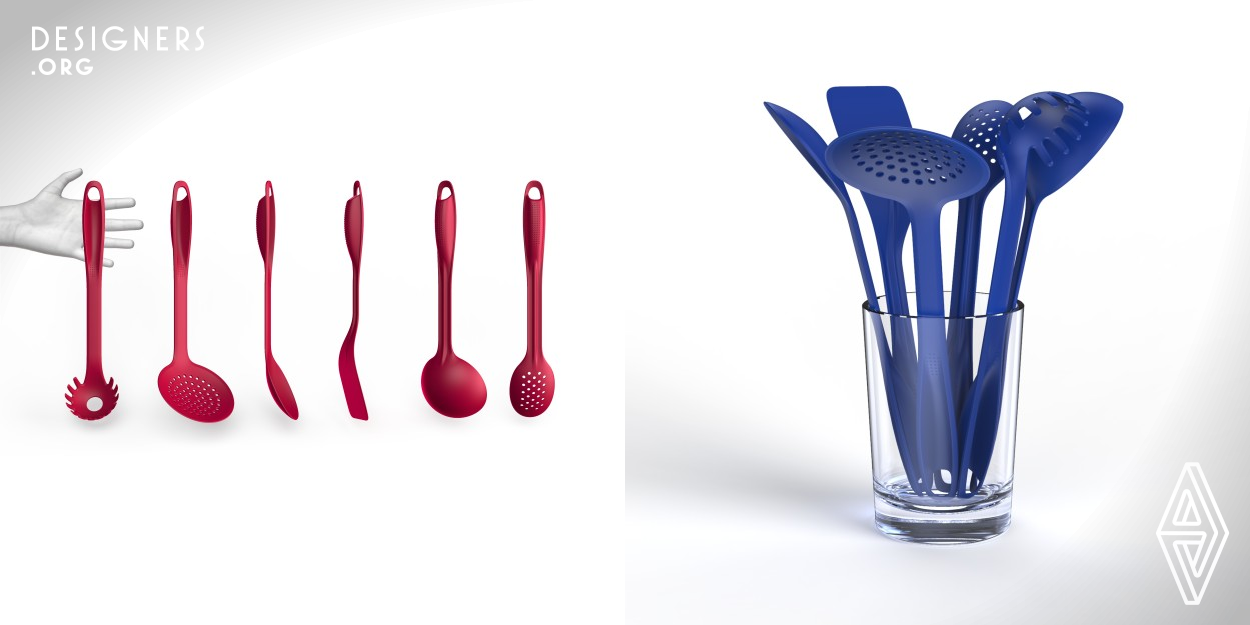 Luzern Kitchen Utensils are in the best tradition of Italian love for ergonomics and sensuousness. Entirely manufactured in Germany, this one-piece design saves on material and labor, while delivering a uniquely ergonomic experience. Each utensil is made of glass fiber-reinforced Nylon, improving stiffness, while guaranteeing a high food safety standard. All tools are heat resistant up to 210 Celcius degrees.