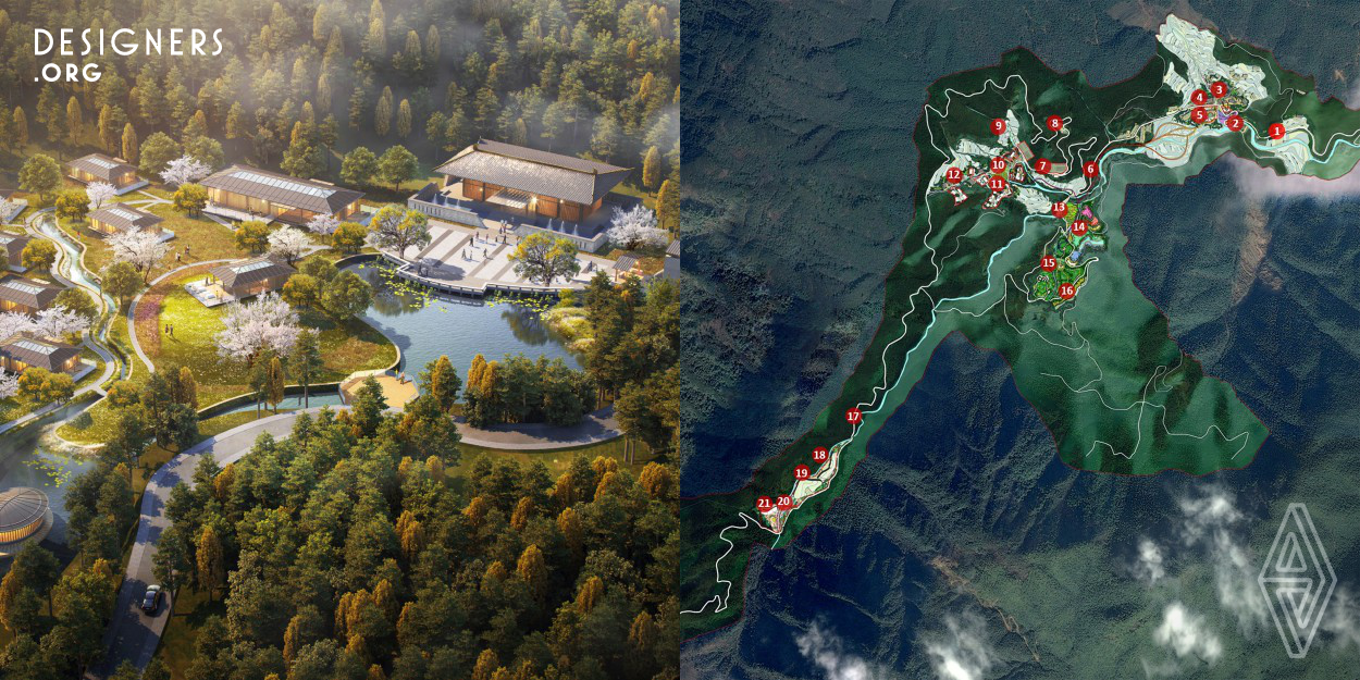 The project is located in Pucheng City, Fujian Province, a mountainous area with a high altitude, as if it could touch the clouds at any time. Therefore, it was named 'Above the Clouds', and the softness and streamline of the clouds also became the inspiration for the design. The overall layout plan of the resort is based on the current situation, the planning background,  the development goals, its positioning, spatial layout, land usage distribution and other aspects.