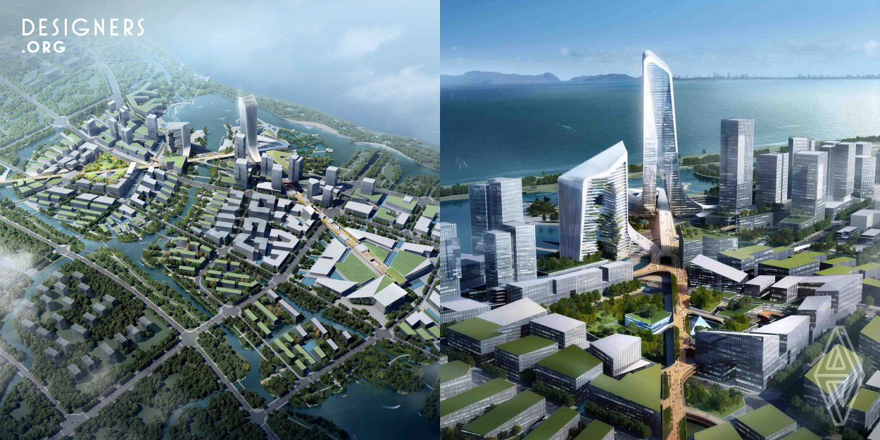 The project aims to design a new central business district for Huzhou. Its design is inspired and well integrated with local traditional ecological system. On the southern bank of taihu lake, The new internal lake provides quality waterfront public spaces. At the heart of the district, there are two pedestrian skywalks connecting the new railway station, the skyscraper and the exhibition park, while separating the vehicular traffic from pedestrians. The new urban environment is harmonized with nature, creating a balance between the urban developments and its landscape. 