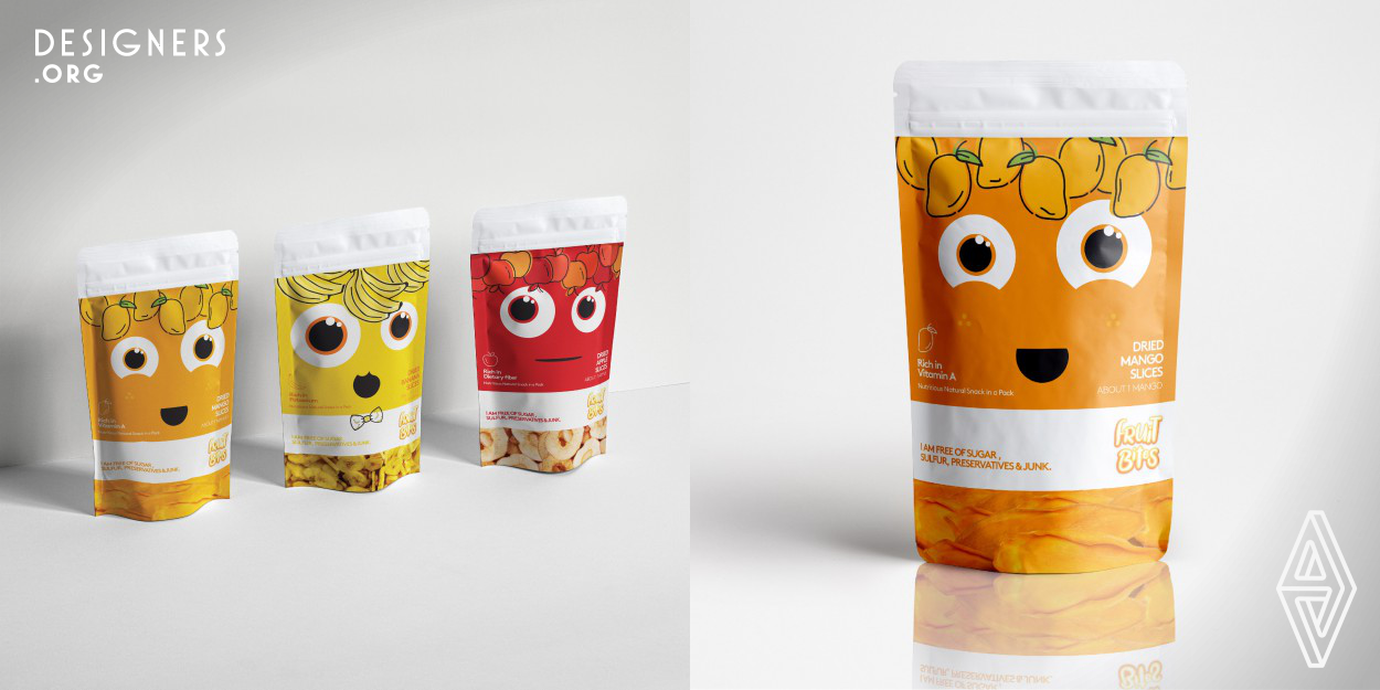 What's better than a nutritious guilt free snack for your kids? Fruit Bites packaging designs are designed to encourage kids to change their snacking habits and choose to eat natural dried fruits instead of junk snacks. The aim  is to empower every parent to change his/her child's snacking pattern. The challenge is to design characters that reflect fruits benefits that children can easily understand and relate to as something cool and healthy. Mango plays a major role in skin health. Banana helps you maintain normal vision. Apple is Good for your memory & concentration.