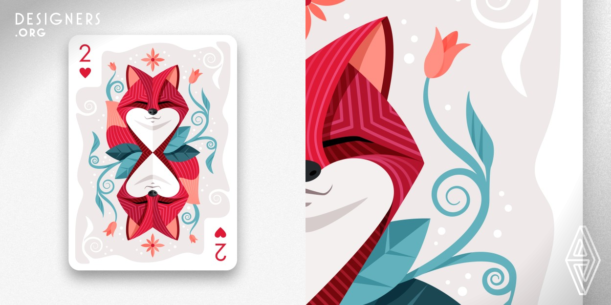 "Two of Hearts" is a vector illustration specially created for the collaborative project called "Luck of the Draw" which regrouped artists from around the world to create a unique deck of playing cards. The illustration concept is inspired by the fox from "The Little Prince" fable written by Antoine de Saint-Exupéry. It is a hint to the lesson that the fox teaches about relationships.