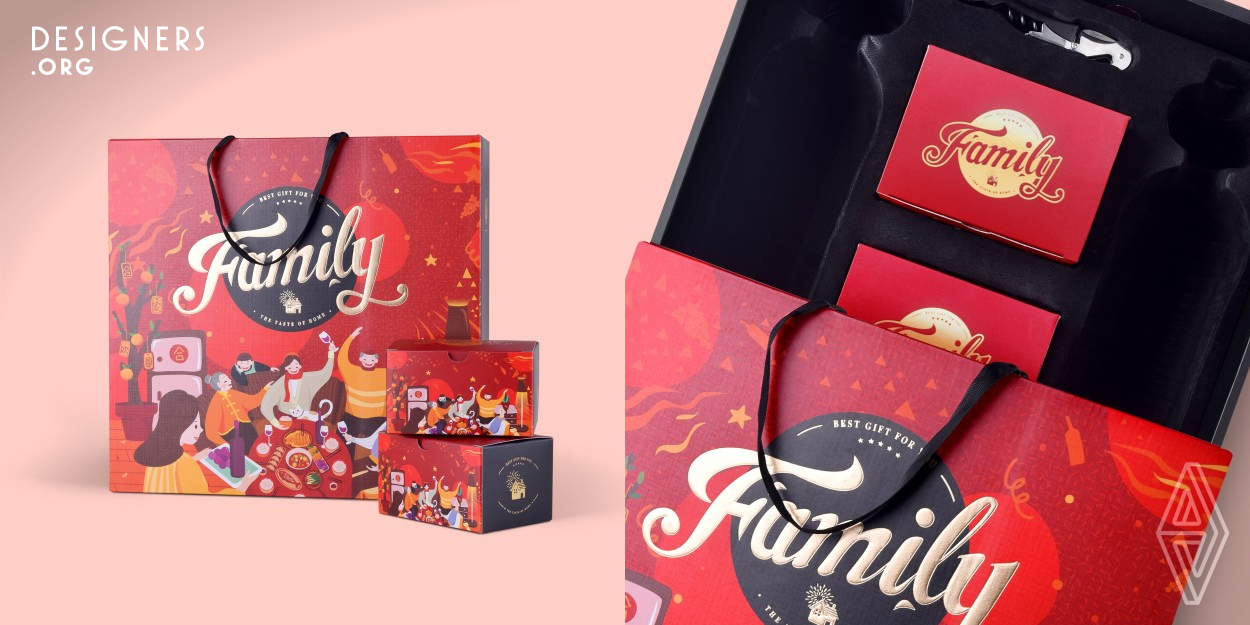 The package illustration depicts a family celebrating a Chinese New Year around a round dining table. They raised their wine glasses happily, a very happy scene. The happy picture of family reunion is in the atmosphere of the Spring Festival. Such packaging gift boxes are very easy to attract wine consumers and make them buy.