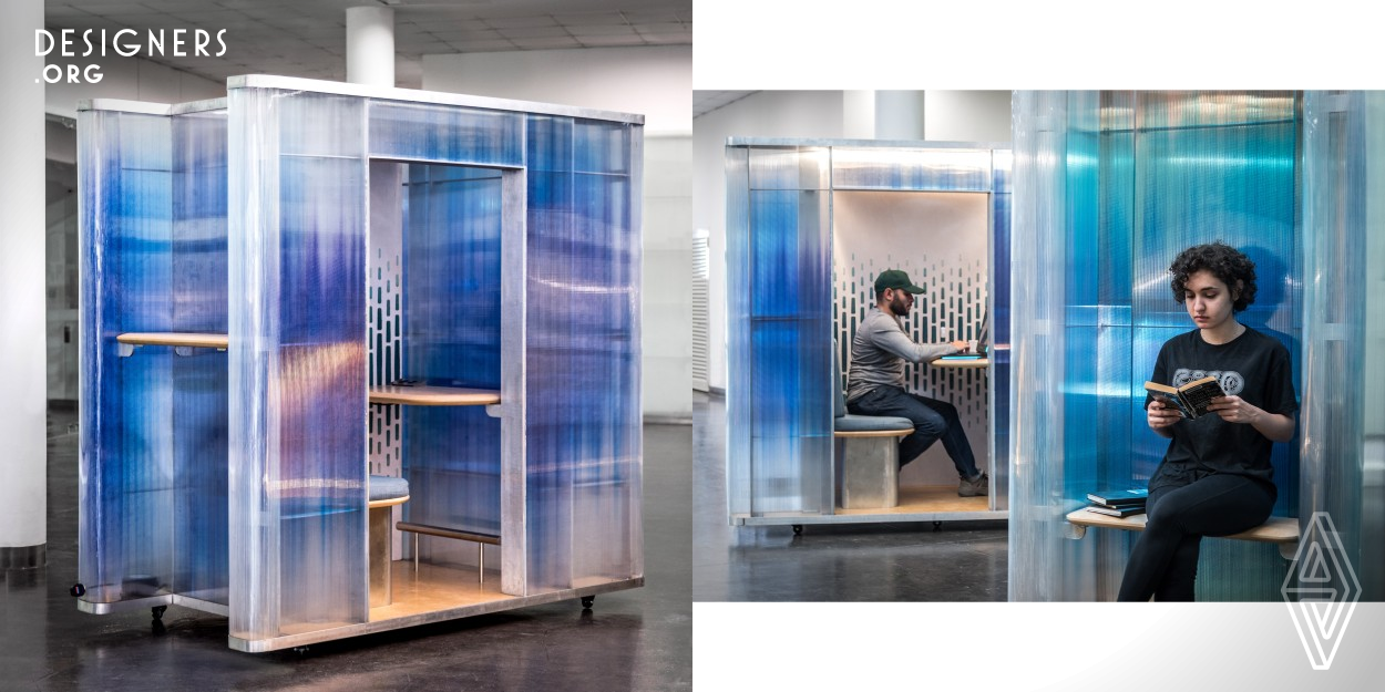 These pods are designed to provide a comfortable semi-private working environment with a playful colored translucent skin that feathers out towards the edges to blend with its surroundings. The pods also incorporate benches and standing desks on the outside for multiple users, as well as a magnetic pinup wall on the back side of the pod. All the furniture and details used are custom built for the project. The interior features a felt acoustic ceiling, ambient and task lights, upholstered seating, and a desk with power outlets. 