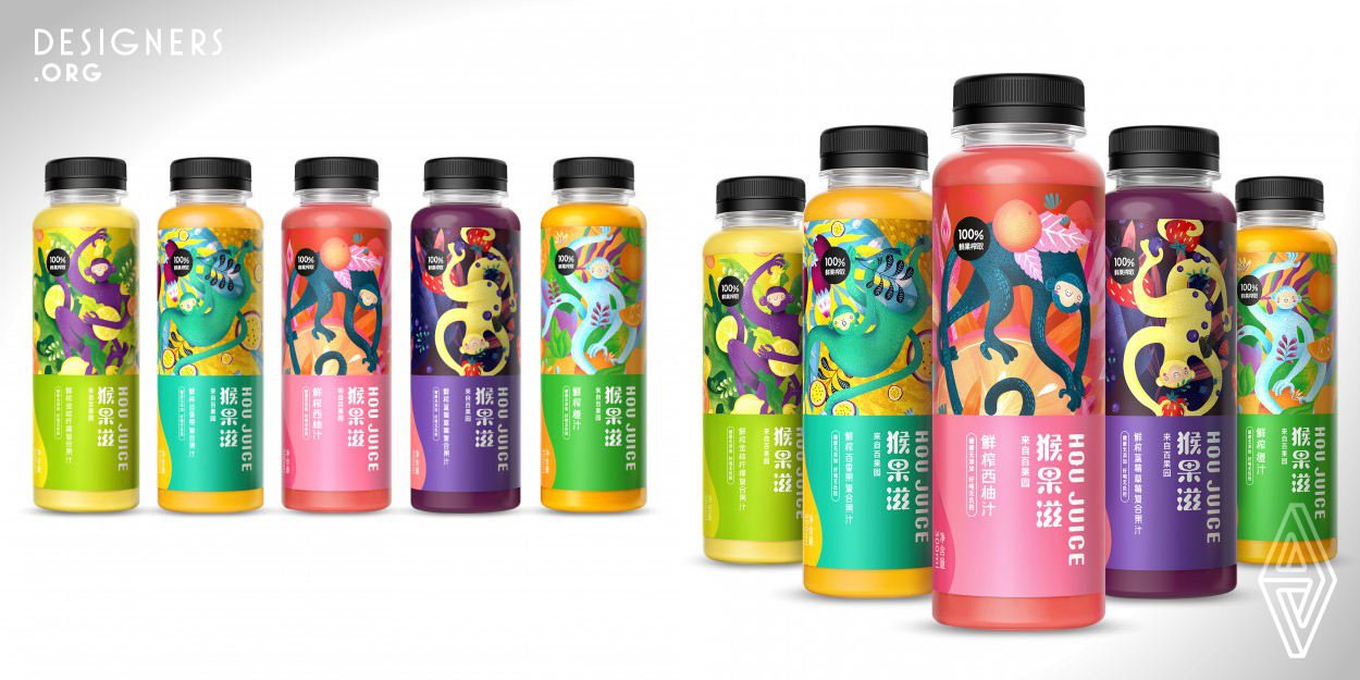 Pagoda Fruit Co., Ltd. is one the largest fruit retailer in China. The main icon of Pagoda Fruit is a Dancing Monkey. Because monkey is very often deified in Chinese traditional culture, the figure is use in many occasions. When Leng Chen design this series of drinks, Leng Chen want to create a monkey figure that is not that common in China. Leng Chen contacted his Polish artist friend - Anna to cooperate in this project. The design idea was to deliver happy & fun feeling in the product, and that is what Leng Chen presented in the final design, a group of monkeys dancing in a jungle party.