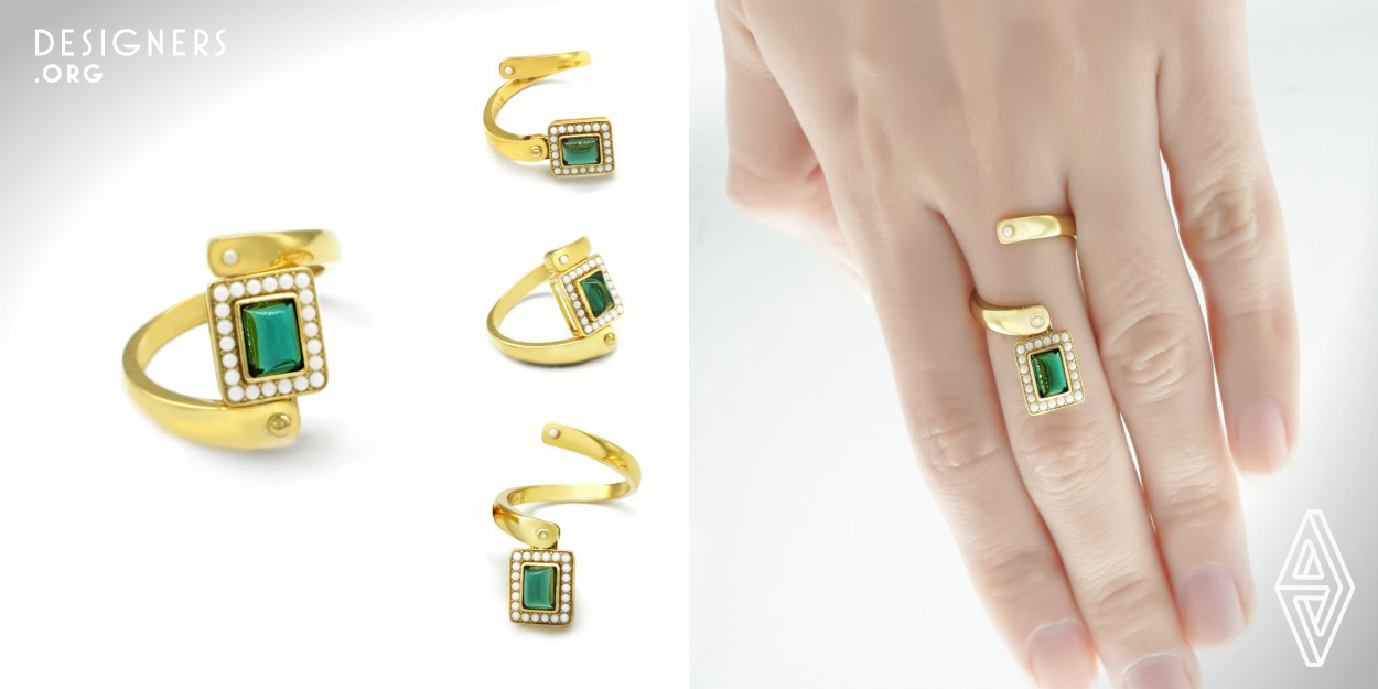 These series of rings feature in the 3 styles of wearing as the most shining main stone can be changed into 3 positions where each one can be of different tastes. When the ring is upward, a complete close circle is formed. Retro style is shown through the 18k gold dotted with small pearls and jewelries. When the ring is at the middle, it is semi open. The ring parallels with the ring arm, making ones seem fashion and modern. When it is downward, the visual effect is soft and lengthened.