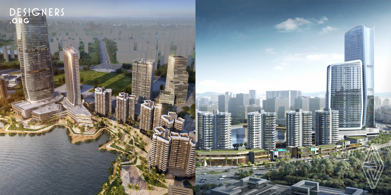 Located in Jinwan District of Zhuhai, this is a mixed-use development with total site area is 507,45sqm composed of a commercial and residential district. It is designed to become an addition to the skyline of Jinwan Aviation City as well as an active and animated waterfront development at the northern end of Jinshan Lake. As such, the design of the building form for the twin towers in commercial district is inspired from the form of an aerodynamic wing shape, which to capture the spirit of aviation industry and reflect the importance of aviation to China and Jinwan city.