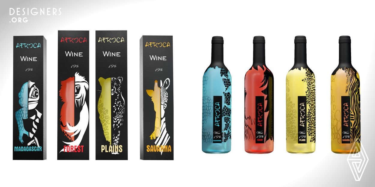 The packaging design provides for four types of wine as red, blue, orange and yellow. The boxes has double count from both sides due to this possible to see bright colour of wine. The all bottles have own covered pattern as lines and spots on the surface depending on the animals that were used for each design. The eight imagery of various animals were used as illustratoons on the boxes. Thus, associations of the landscapes and fauna of Africa arise.