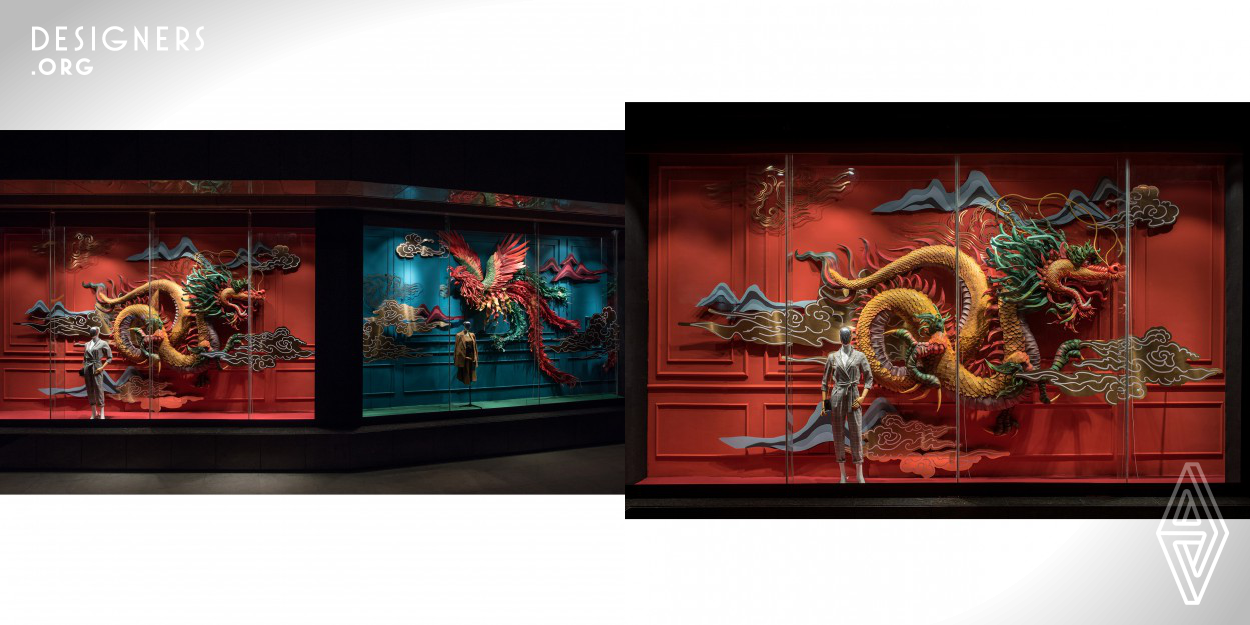 In this case, different design ideas are adopted for windows in different positions. They not only have a logical relationship based on customers' moving lines, but also fully express the important theme of Chinese culture. In terms of the specific image, the designers choose the ancient animals or auspicious symbols, such as dragon, Phoenix, koi, crane. Through the creation techniques, they refine the subtlety of these cultures again, and graft with the window design and fashion trend once again.