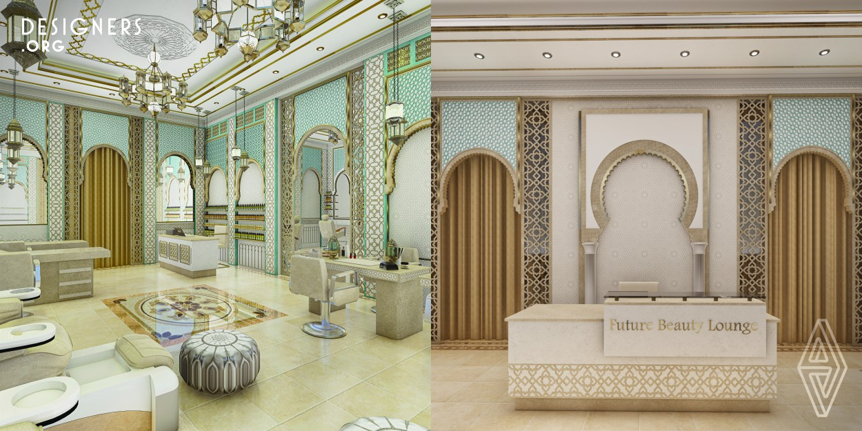 A beauty salon design inspired by the Andalusian/Moroccan style. The design reflects the style's rich intricate carvings, decorative arches and colorful fabrics. The salon is divided into three sections: The styling area, the reception/waiting area, and the dispensary/washing area. There is a clear identity running throughout the whole design to create unique spaces.The Andalusian/Moroccan style is all about vibrant colors, textures, and fluid lines. This beauty salon aims to give the customers a feeling of luxury, comfort, and value.