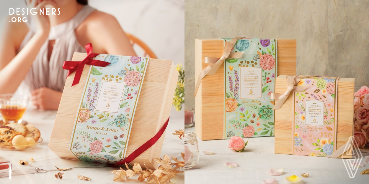 Based on "Elegant & Cute" branding principle, Aunt Stella creates this floral series targeted on the wedding gifting market. Every single sleeve of a wooden box symbolizes an aspect of love and romance. The pink one with plumeria symbolize the first love, delivers the bashful and delightful wish in a relationship. The green one with lively Ghost plant and feather imprints the eternity of love. And in the last piece, designers use a white background as a symbol of wedding dress and pureness of love which is enriched by surrounded rose and plenty floral, fruity illustrations.