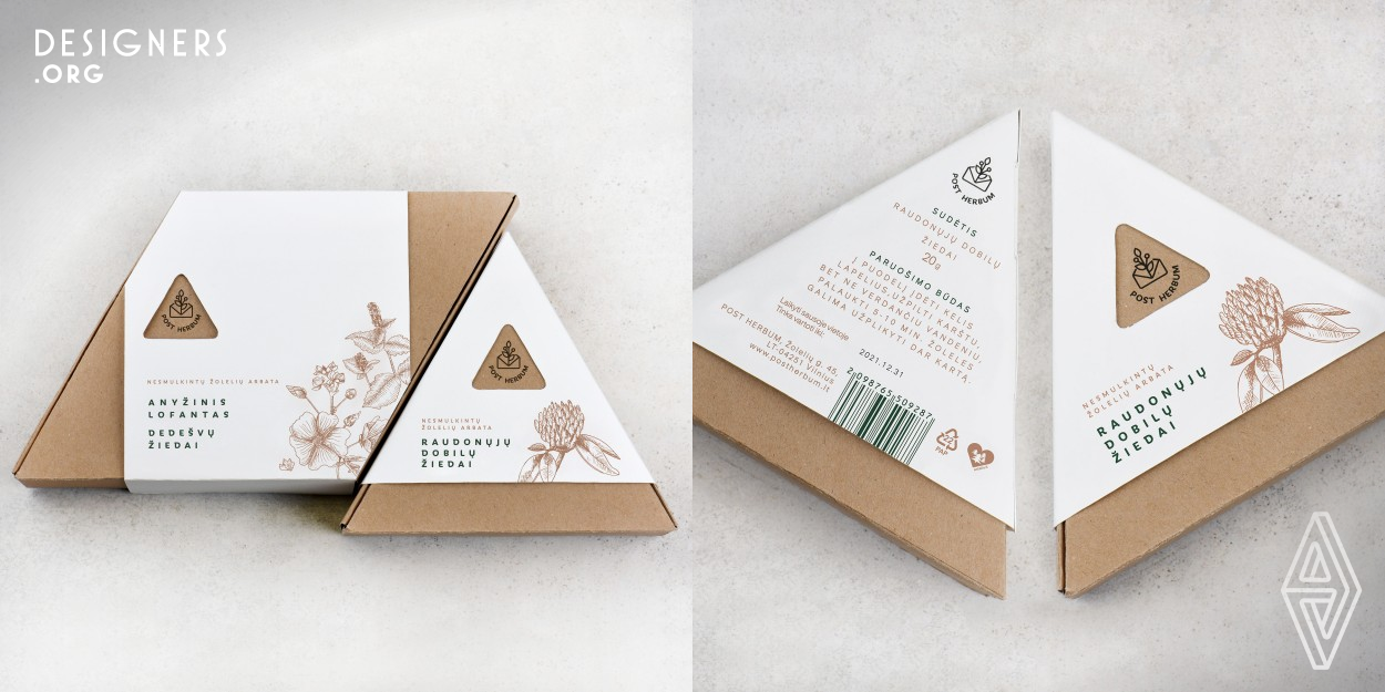 Whole herbs grown in Lithuania became as an inspiration for creating an exclusive packaging, as well as the desire to visually express the organic and refined product. The unusual and at the same time simple shape of the triangle allows to reveal a simple product in a more interesting packaging. Мilky white and brown colors indicate ecology and naturalness of herbs. Slender illustrations and restraint in style emphasizes the value of herbs that are collected by hand. Gently and accurately as the fragile product itself.