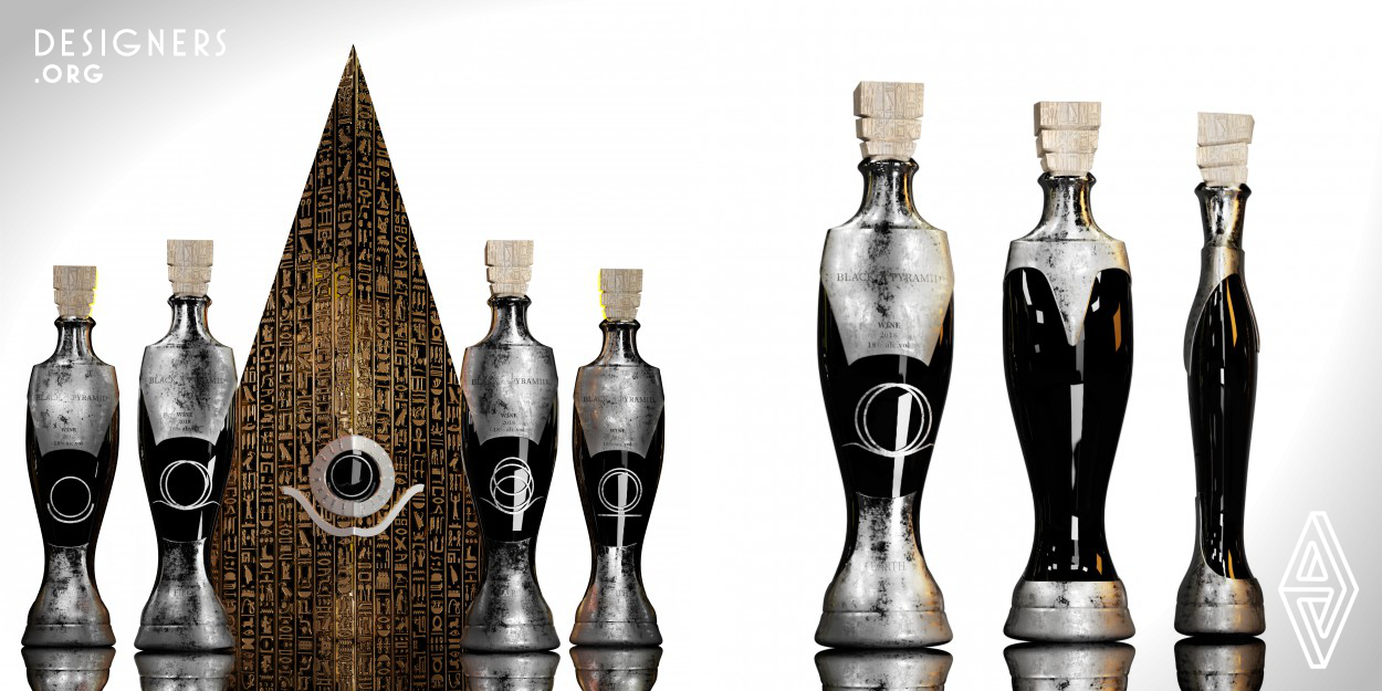 Wine Black Pyramid features a four wine bottle premium package greatly inspired in the ancient Egyptian culture with silhouettes resembling the figures of kings at the metal armor in the packaging resembling an pyramid. Each bottle type symbolizes one of the fourth primary elements: fire, earth, water and air. They are represented with luminescent symbols that shine in the darkness.