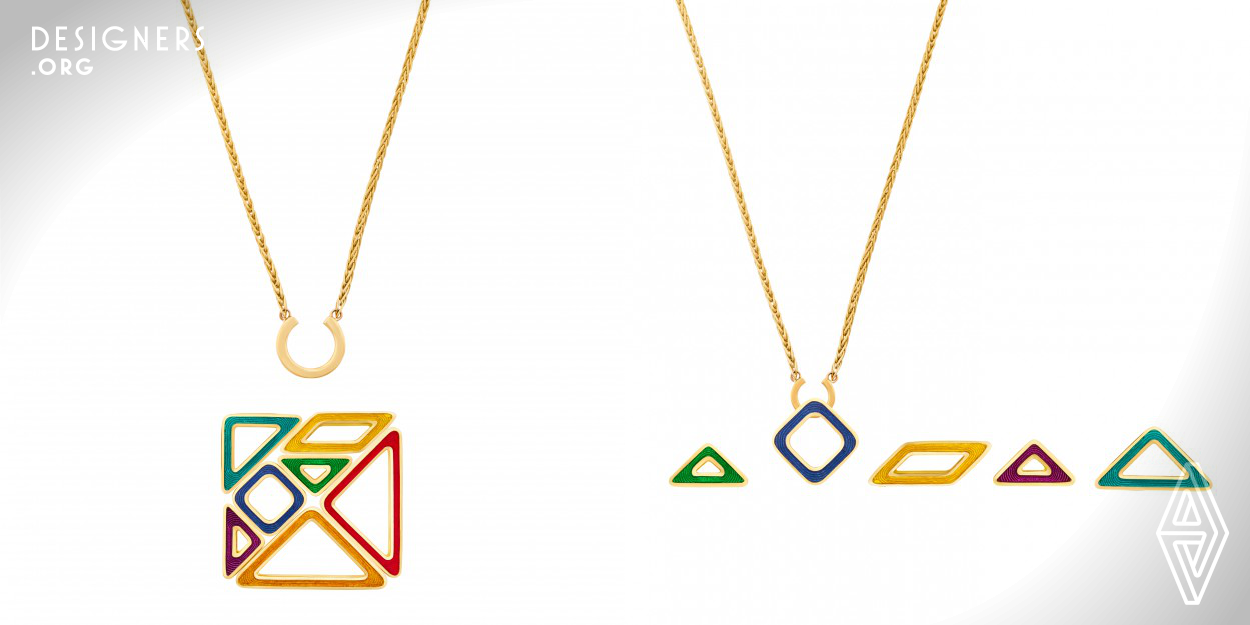 Tangram collection presents flexible manners of wearing. The inspiration comes from Tangram. It’s made of seven single pendants and chain accessories. Every single pendant could be worn as a single part, and could be connected to variable pendant forms by chain accessories. The collection has variability in function and flexibility in combination. The designer has created the interaction between jewelry pieces and wearers. The industrial technology of 3D printing and the enamel handcraft are integrated in this collection. It's a combination of industrial technology and handcraft.