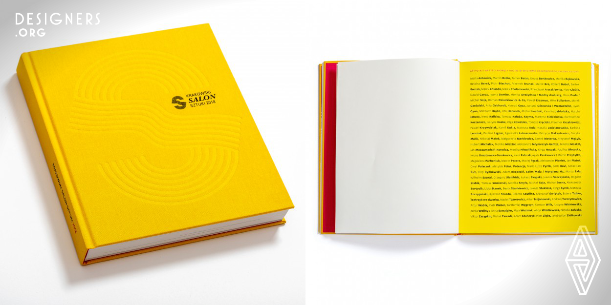 This catalogue presents artists and their artworks exhibited during the first edition of the Krakowski Salon Sztuki 2018 – Krakow Art Salon 2018 – in Cracow, Poland. Each spread has a slightly different layout adapted to the form and number of presented works. The inspiration of this Exhibition Catalogue is the way of artworks' presentation at the exhibition, diversity and minimalism.