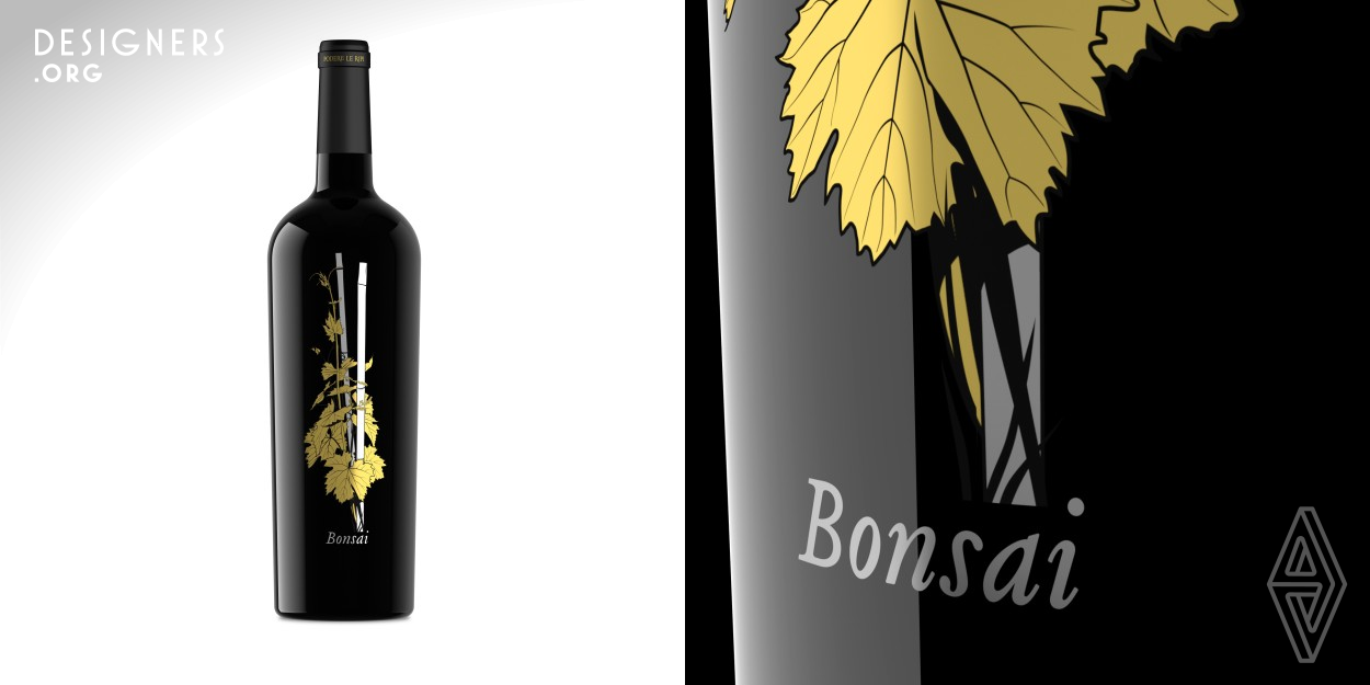 The Bonsai visual identity design emerged from the need to produce a limited number of bottles for Bonsai, a IGT Toscana Rosso wine, produced by Podere Le Ripi in Montalcino in Italy. Bonsai is the result of a unique cultivation of the vine in which the vines grow in confined spaces which allows the plant to take root and find nourishment deep in the earth. So every vine is special. To represent this uniqueness, a design that evokes premiumness was conceived: a single vine printed on the dark bottle with reflection of silver and gold.