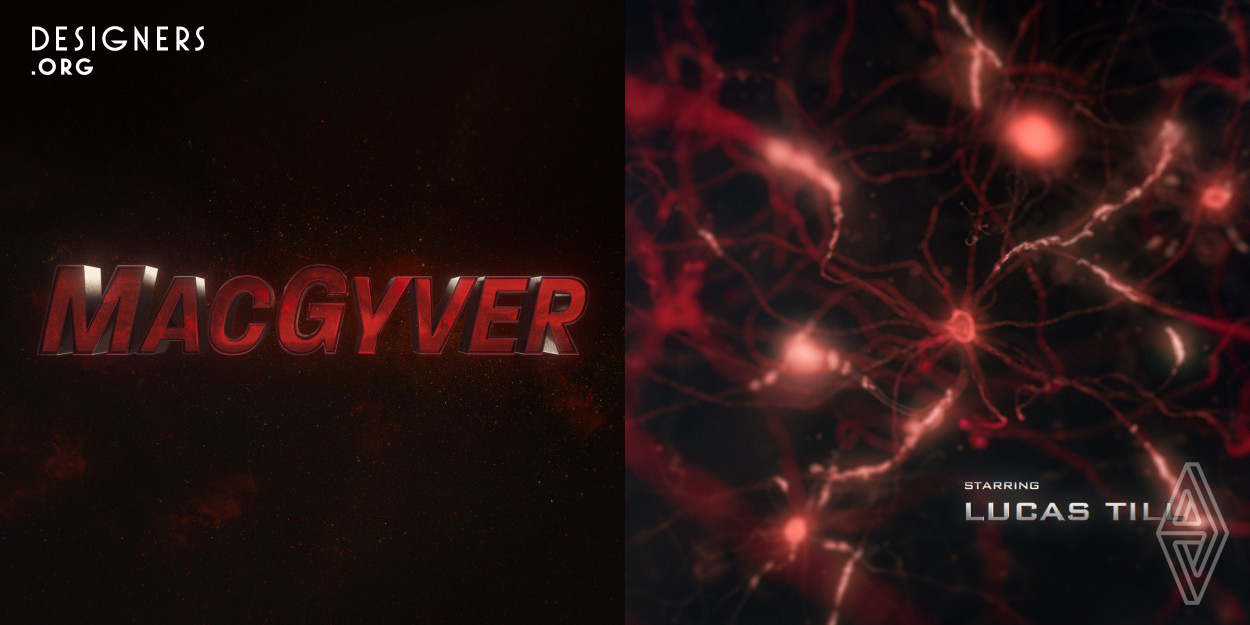 I was in charge of the re-design of the main title sequence for Mac Gyver Season 4. In order to bring this sequence to the next level. We had to re-think the sequence from scratch. We decided to create a sequence in one long shot generated in 3D. The idea is to bring the viewer into Mac Gyver's unique creative process. It's a journey into Mac Gyver's mind.