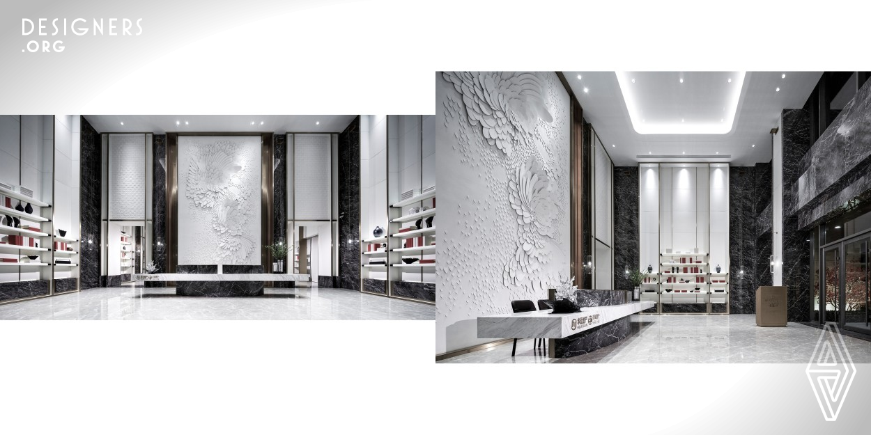 In the design process, the elements of salt and water are abstractly transformed and applied to the color, texture and shape of the space. In terms of color, the space facade uses a large area of white to symbolize the atmosphere of salt, giving people an ethereal and clean feeling. When entering the sales office lobby, the first thing to be seen is the large-scale facade device, which uses a large number of water droplet shapes to be arranged and combined to form a radial artwork.