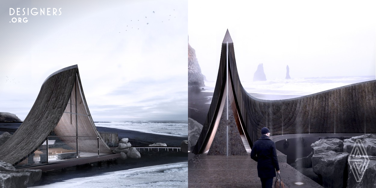 The bionic form of the whale became the language of this chapel. A whale stranded on the coast of Iceland. A person can enter its body through a low fishtail and experience the perspective of a whale looking at the ocean where is easier for humans to reflect on the neglect of environmental degradation. The supporting structure falls on the beach to ensure minimal damage to the natural environment. Natural and environmentally friendly materials make this project a tourist destination that calls for environmental protection.